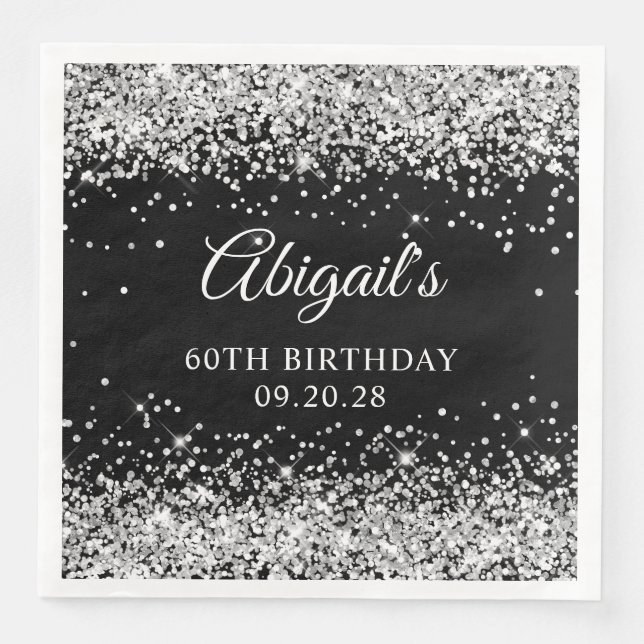 Silver Glitzer und Black 60. Geburtstag Serviette (Vorderseite)