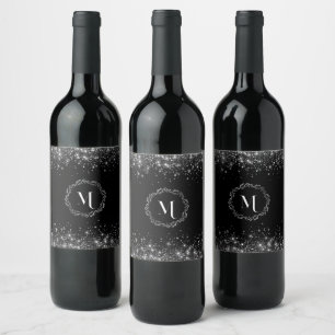 Silver Glitzer und Black elegant Mit Monogramm Weinetikett