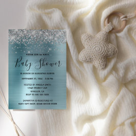 Silver Glitzer und Blue Foil Babydusche Einladung