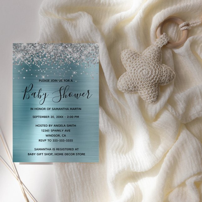 Silver Glitzer und Blue Foil Babydusche Einladung (Silver Glitter Light Blue Glam Baby Shower Invite)