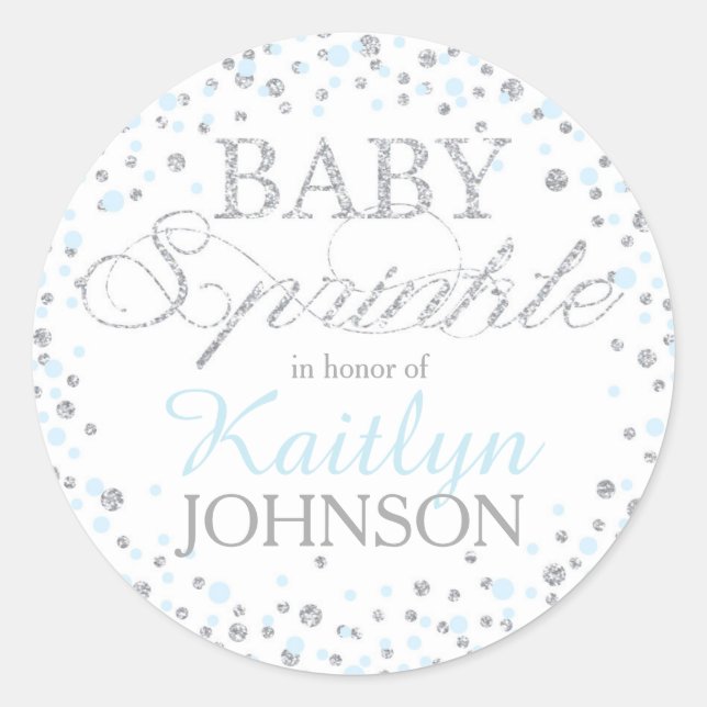 Silver Glitzer und Blue Sprinkle Baby Dusche Label Runder Aufkleber (Vorderseite)