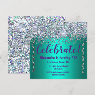 Silver Glitzer und Metallic Aquamarin 40. Geburtst Einladung