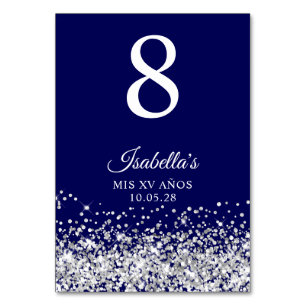 Silver Glitzer und Navy Blue Mis XV Anos Tischnummer