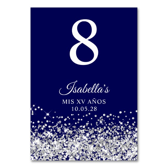 Silver Glitzer und Navy Blue Mis XV Anos Tischnummer (Vorderseite)