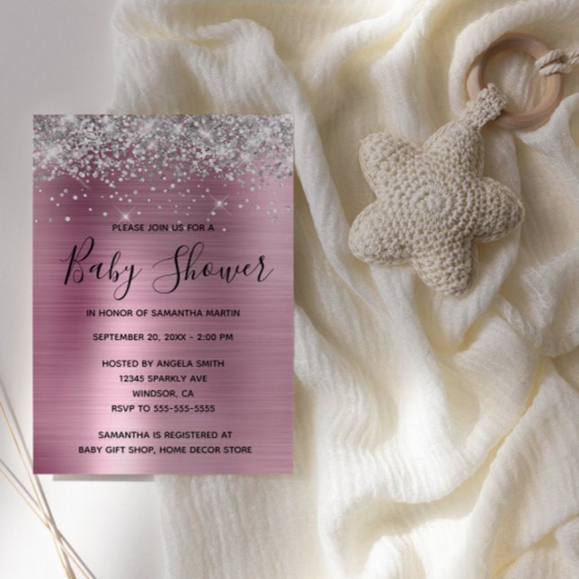 Silver Glitzer und Pink Foil Babydusche Einladung (Faux Silver Glitter and Pink Foil Baby Shower Invite)