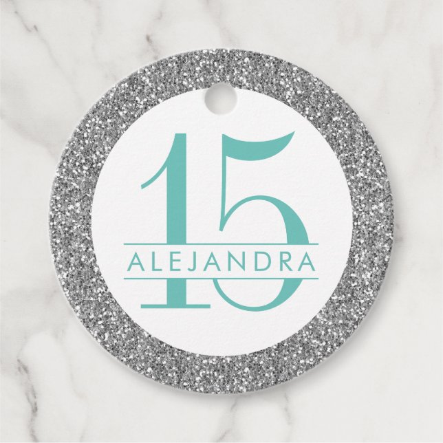 Silver Glitzer und Türkis Quince Años Geschenkanhänger (Vorderseite)
