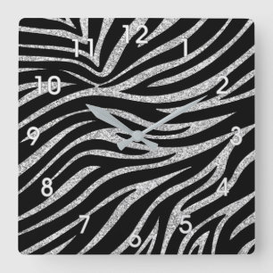 SILVER GLITZER UND ZEBRA STRIPES WALL CLOCK QUADRATISCHE WANDUHR