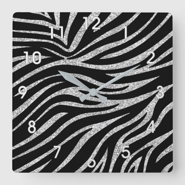 SILVER GLITZER UND ZEBRA STRIPES WALL CLOCK QUADRATISCHE WANDUHR (Vorderseite)