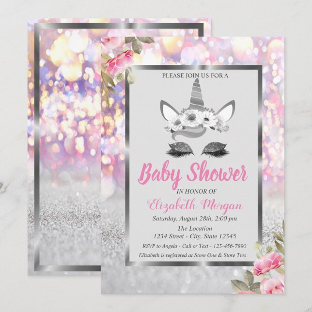 Silver Glitzer Unicorn, Floral Boeh Baby Dusche Einladung (Vorne/Hinten)