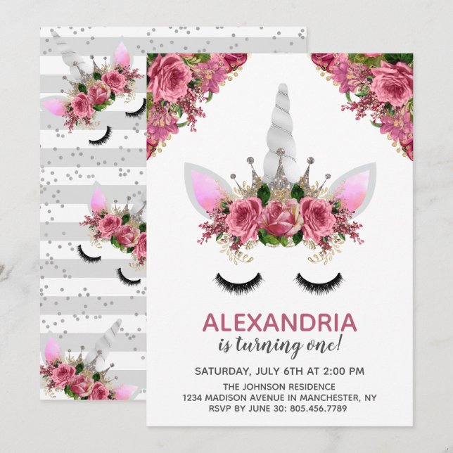 Silver Glitzer Unicorn Princess Birthday Einladung (Vorne/Hinten)