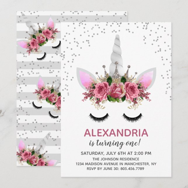 Silver Glitzer Unicorn Princess Birthday Einladung (Vorne/Hinten)