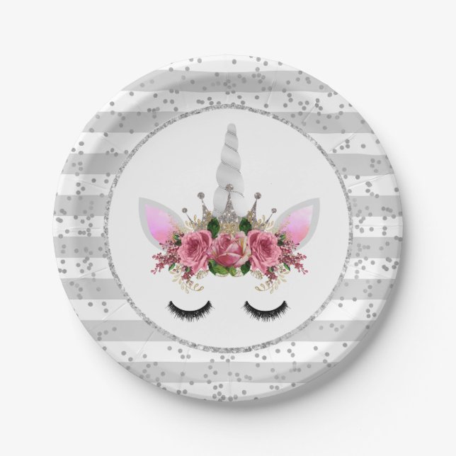 Silver Glitzer Unicorn Princess Pappteller (Vorderseite)