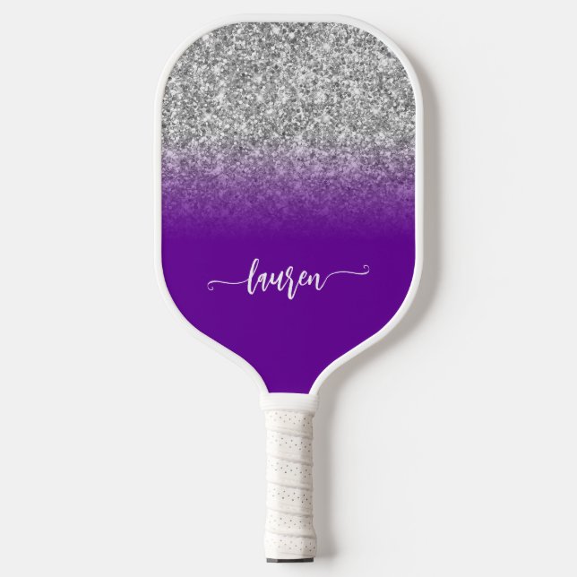 Silver Glitzer Violet Lila Ombre Modernes Script Pickleball Schläger (Vorderseite)