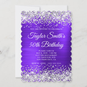 Silver Glitzer Violet Monogram 50. Geburtstag Einladung