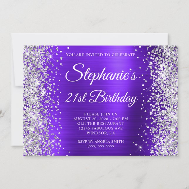 Silver Glitzer Violet Monogramm 21. Geburtstag Einladung (Vorderseite)