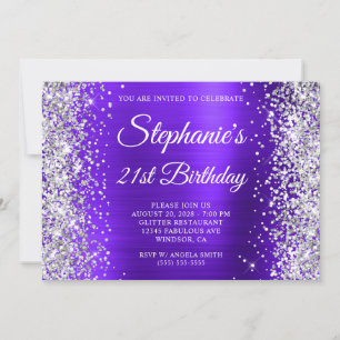 Silver Glitzer Violet Monogramm 21. Geburtstag Einladung