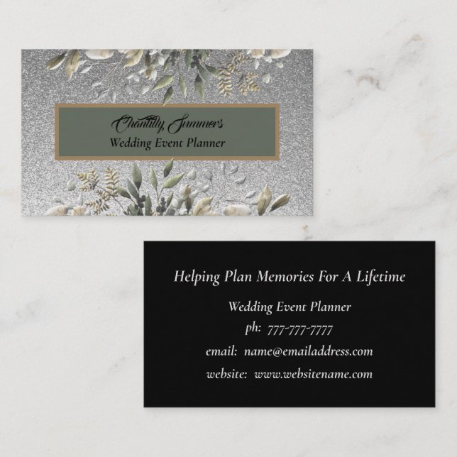 Silver Glitzer Wedding Event Planner Business Card Visitenkarte (Vorne/Hinten)