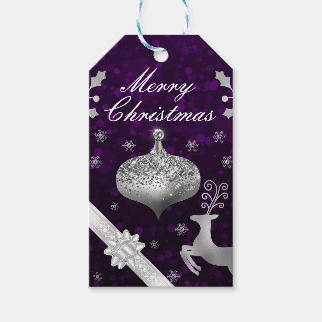Silver Glitzer Weihnachtsbauble und Ribbon Geschenkanhänger (Vorderseite)