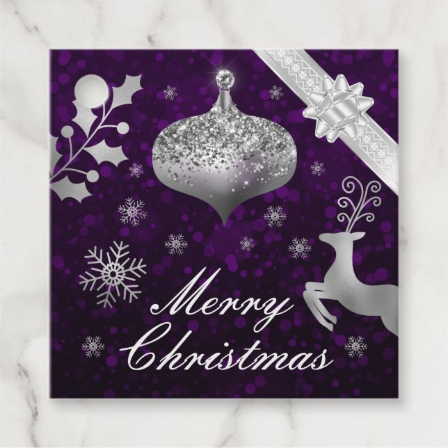 Silver Glitzer Weihnachtsbauble und Ribbon Geschenkanhänger (Vorderseite)