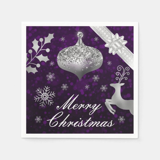 Silver Glitzer Weihnachtsbauble und Ribbon Serviette (Vorderseite)