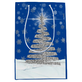 Silver Glitzer Weihnachtsbaum auf blau Mittlere Geschenktüte