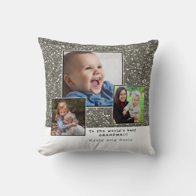 Silver Glitzer Welten Beste Grandma Foto Collage Kissen (Vorderseite)