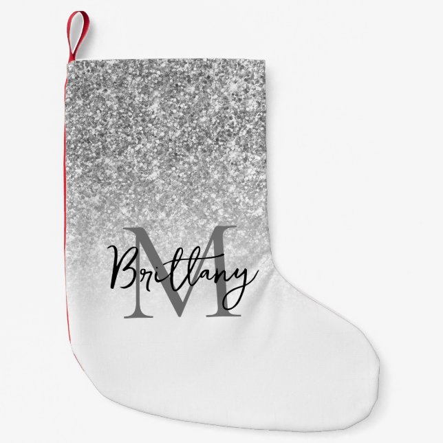 Silver Glitzer White Ombre Mit Monogramm Kleiner Weihnachtsstrumpf (Vorderseite)
