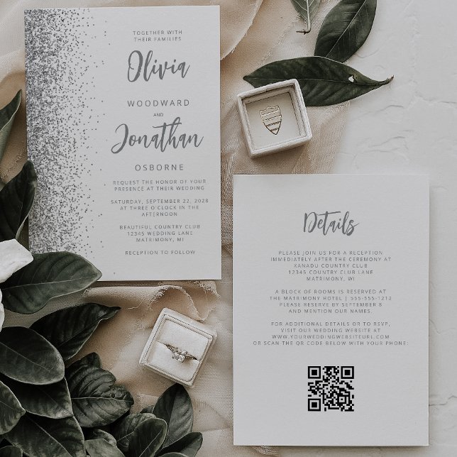 Silver Glitzer White Script QR Code Hochzeit Einladung (Von Creator hochgeladen)