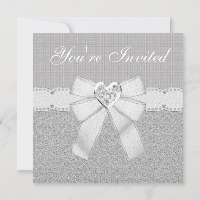 Silver Glitzer & White Sparkle Herzjuwel Einladung (Vorderseite)