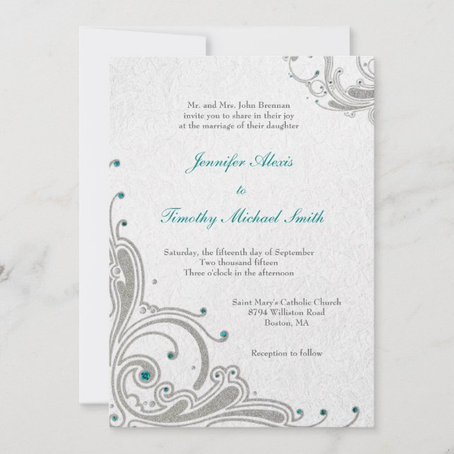 Silver Glitzer Wirbel + Aqua Juwelen Hochzeit einl Einladung (Vorderseite)
