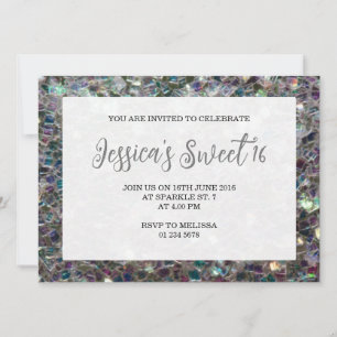 Silver Glitzern Mosaik Sweet 16 elegante Schrift Einladung