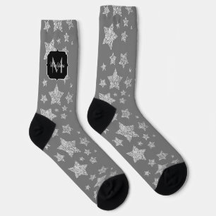 Silver Glitzern Stars Muster hellgrau Monogram Socken