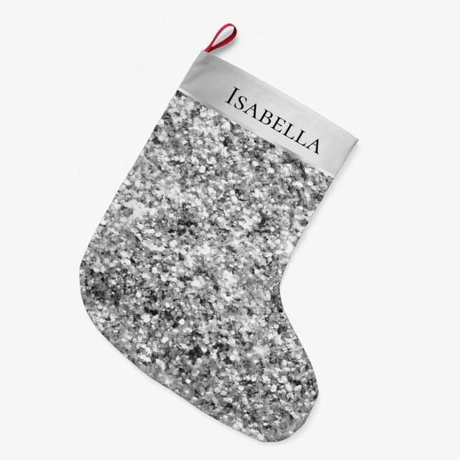 Silver Glitzy Sparkle Glitzer Name Großer Weihnachtsstrumpf (Vorderansicht (hängend))