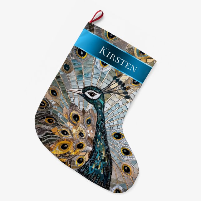 Silver Gold Aquamarin Blue Peacock Weihnachtsname Großer Weihnachtsstrumpf (Vorderansicht (hängend))