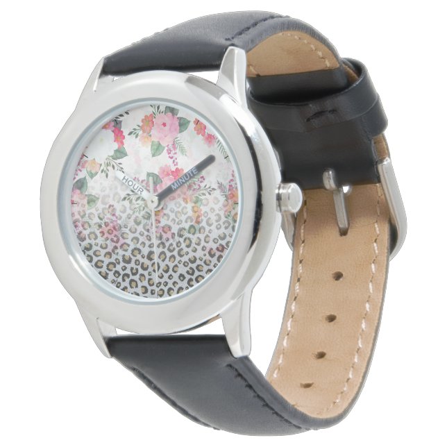Silver Gold Black Leopard Print Pink Blume Armbanduhr (Schrägansicht)