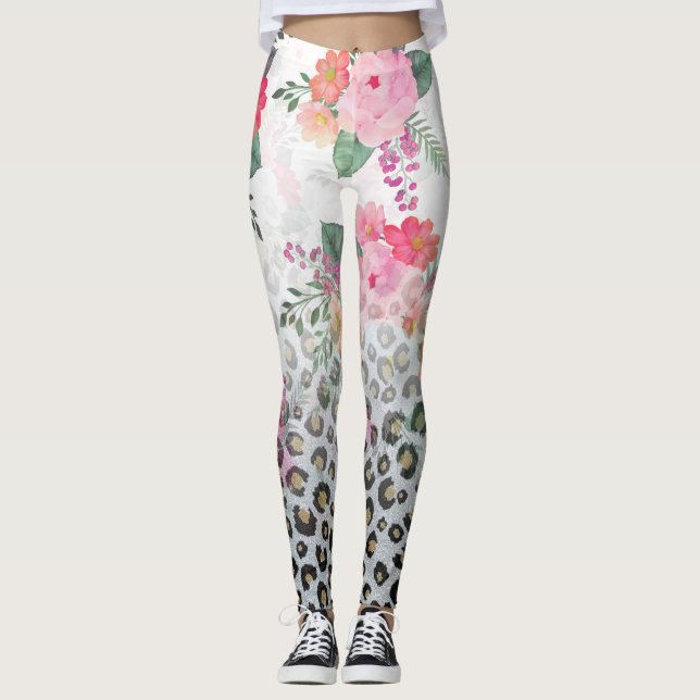 Silver Gold Black Leopard Print Pink Blume Leggings (Vorderseite)