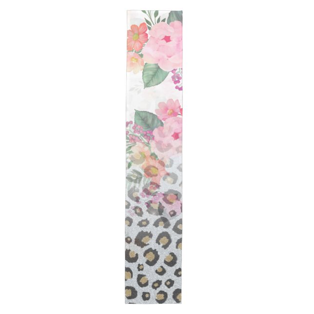 Silver Gold Black Leopard Print Pink Blume Mittelgroßer Tischläufer (Vorderseite)