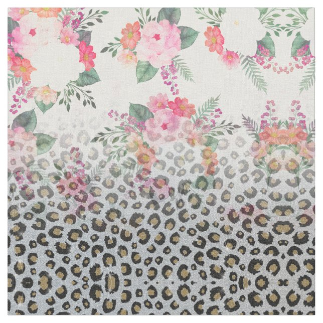 Silver Gold Black Leopard Print Pink Blume Stoff (Nahaufnahme)