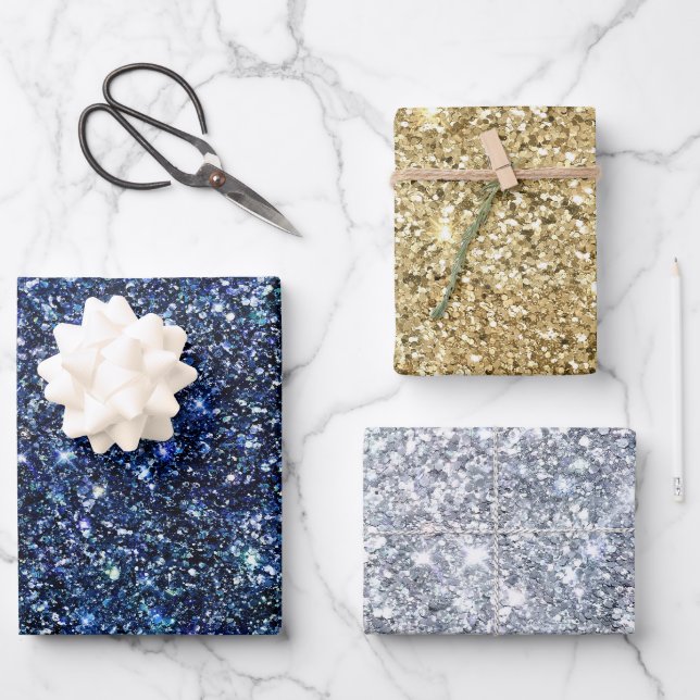 Silver Gold Blue Glitzer Glam Bling Stilvolle Eleg Geschenkpapier Set (Vorderseite)