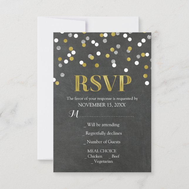 Silver Gold Chalkboard Confetti Wedding RSVP Cards Karte (Vorderseite)