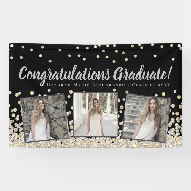 Silver Gold Confetti Foto Collage Abschluss Banner (Horizontal)