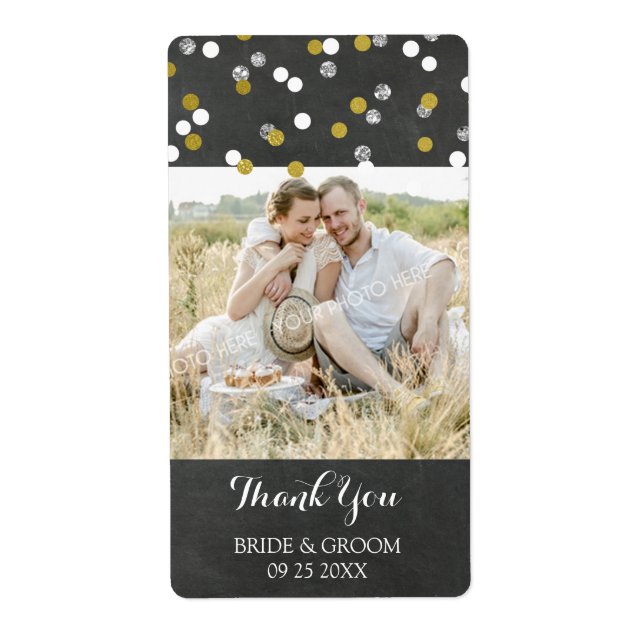 Silver Gold Confetti Foto Wedding Labels (Vorne)