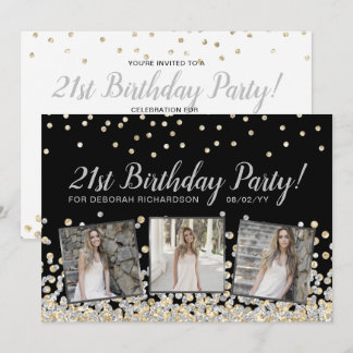 Silver Gold Confetti FotoCollage 21. Geburtstag Einladung