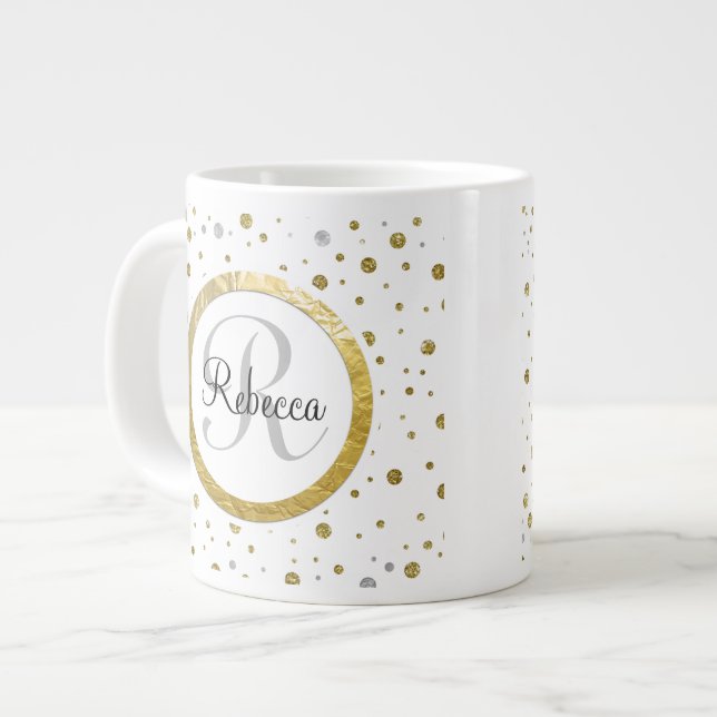 Silver/Gold Confetti Monogramm Jumbo-Tasse (Vorderseite Links)