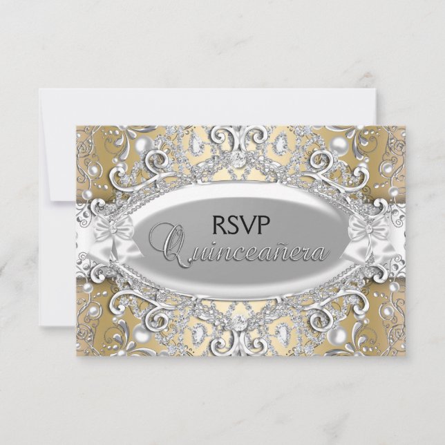 Silver & Gold Damask Pearl Quinceanera UAWG RSVP Karte (Vorderseite)