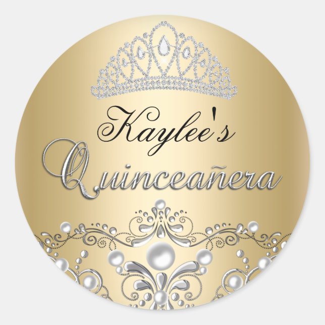 Silver & Gold Damask Perl Quinceanera Sticker (Vorderseite)