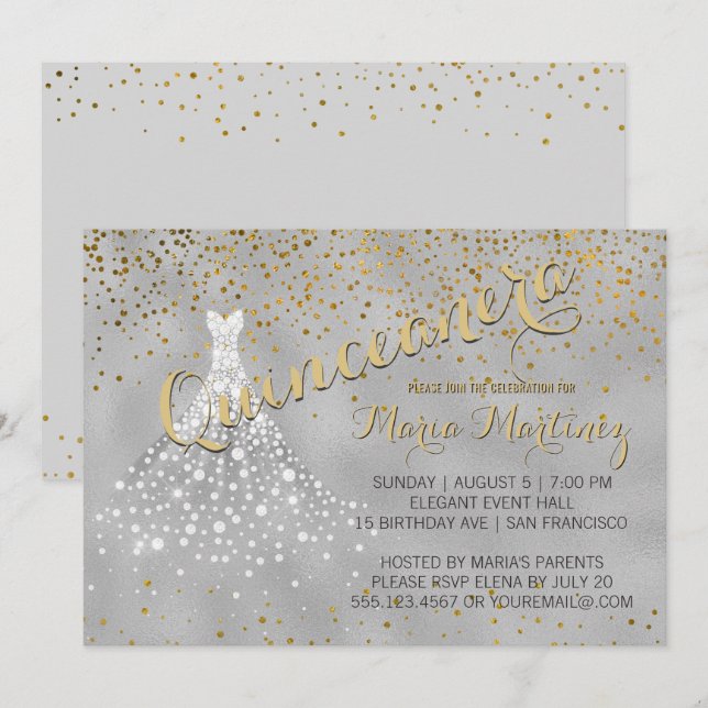 Silver Gold Diamond Kleid Quinceanera Einladung (Vorne/Hinten)