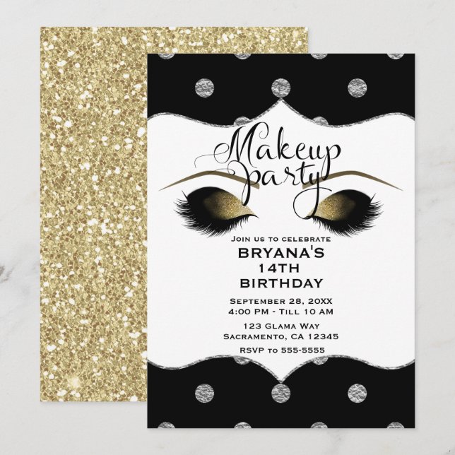 Silver & Gold Dots Makeup Eyelashes Beauty Party Einladung (Vorne/Hinten)