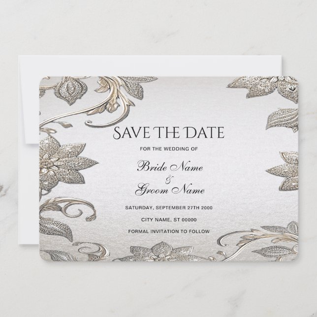 Silver Gold Floral Enregistrer La Carte Date (Devant)