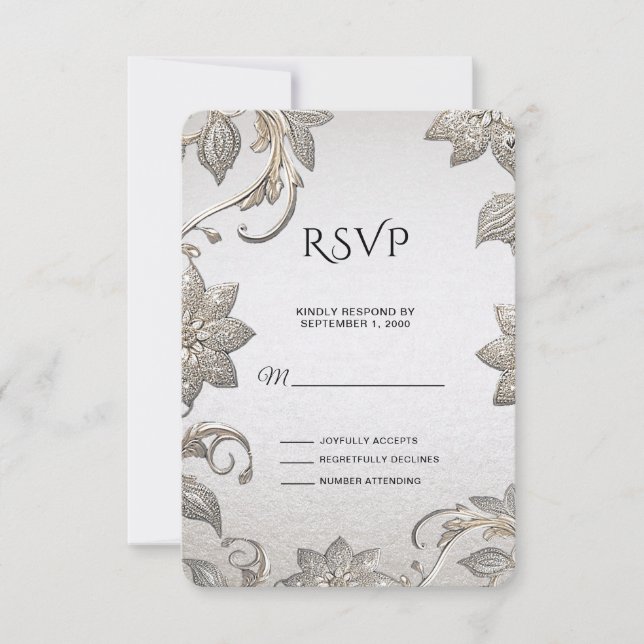 Silver Gold Floral RSVP Card Karte (Vorderseite)